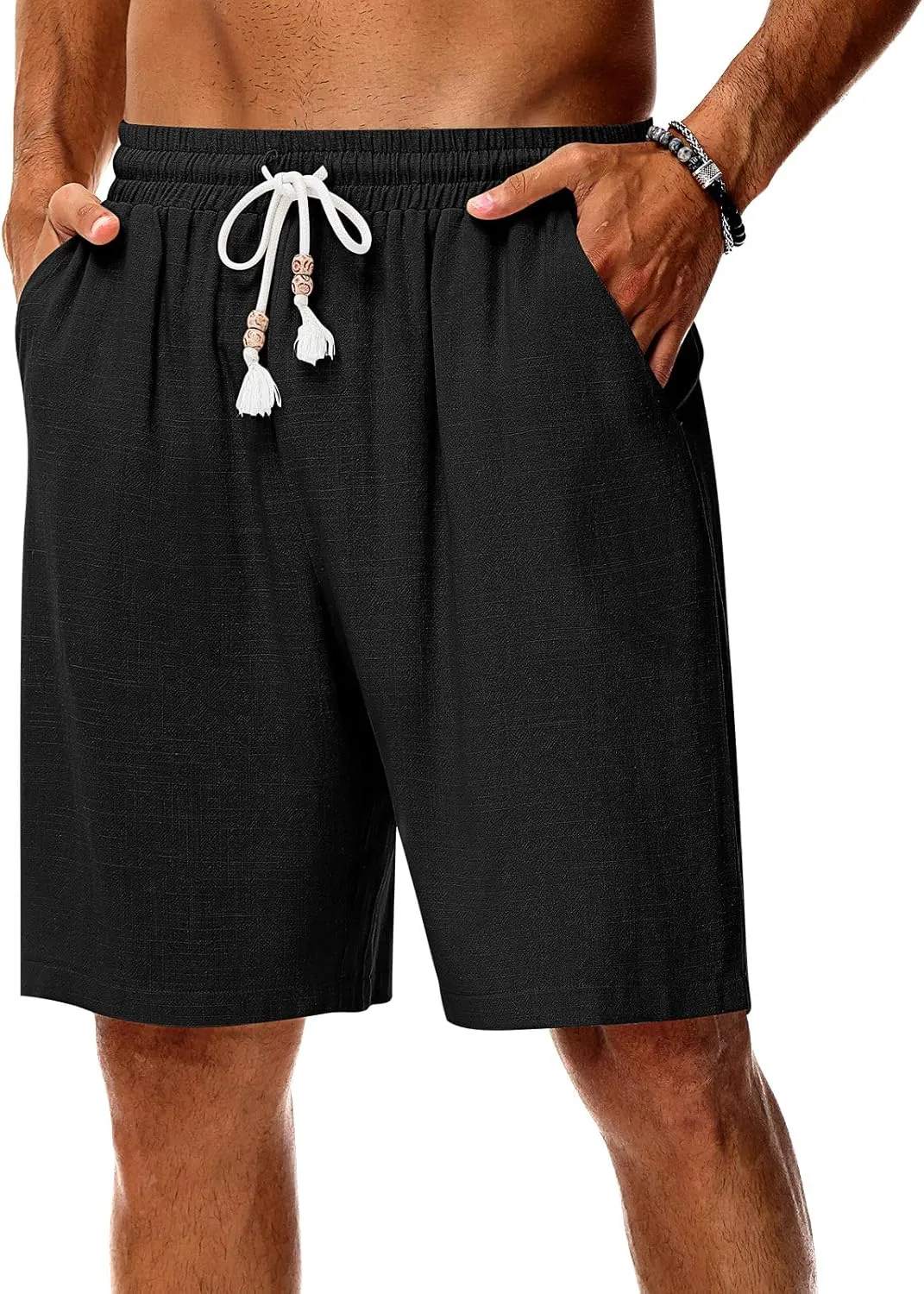 Neer 2 Pack Men's Linen Shorts, Casual Lightweight Drawstring Shorts 9 Inch Inseam Elastic Waist Short Pants with Pockets