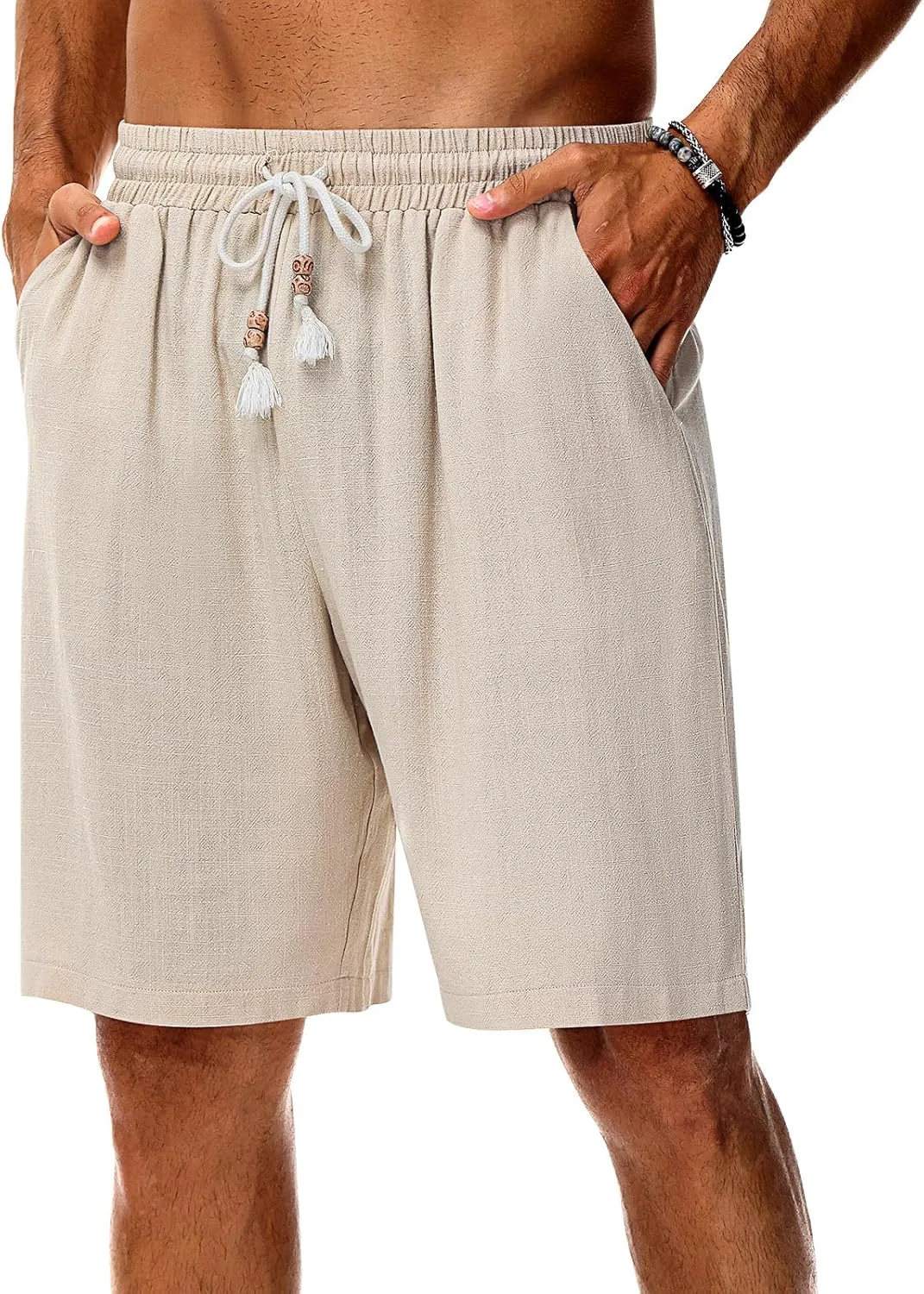 Neer 2 Pack Men's Linen Shorts, Casual Lightweight Drawstring Shorts 9 Inch Inseam Elastic Waist Short Pants with Pockets