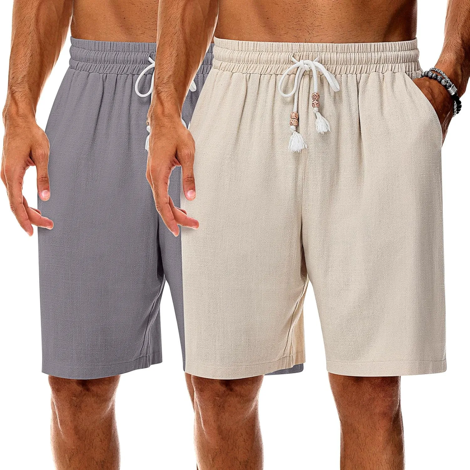 Neer 2 Pack Men's Linen Shorts, Casual Lightweight Drawstring Shorts 9 Inch Inseam Elastic Waist Short Pants with Pockets