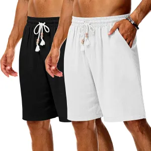 Neer 2 Pack Men's Linen Shorts, Casual Lightweight Drawstring Shorts 9 Inch Inseam Elastic Waist Short Pants with Pockets