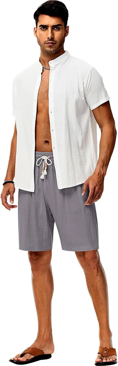 Neer 2 Pack Men's Linen Shorts, Casual Lightweight Drawstring Shorts 9 Inch Inseam Elastic Waist Short Pants with Pockets