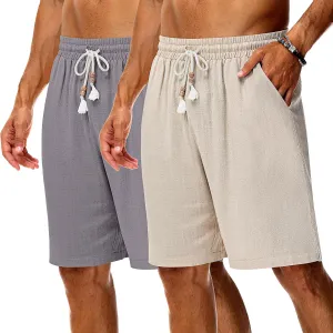Neer 2 Pack Men's Linen Shorts, Casual Lightweight Drawstring Shorts 9 Inch Inseam Elastic Waist Short Pants with Pockets