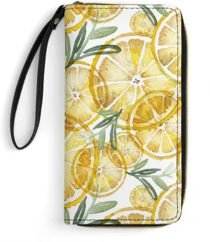 Niapessel Women's Wallets, Lemons Print Large Zip Around Leather Travel Long Purse with Wrist Strap Card Cases & Money Organizers