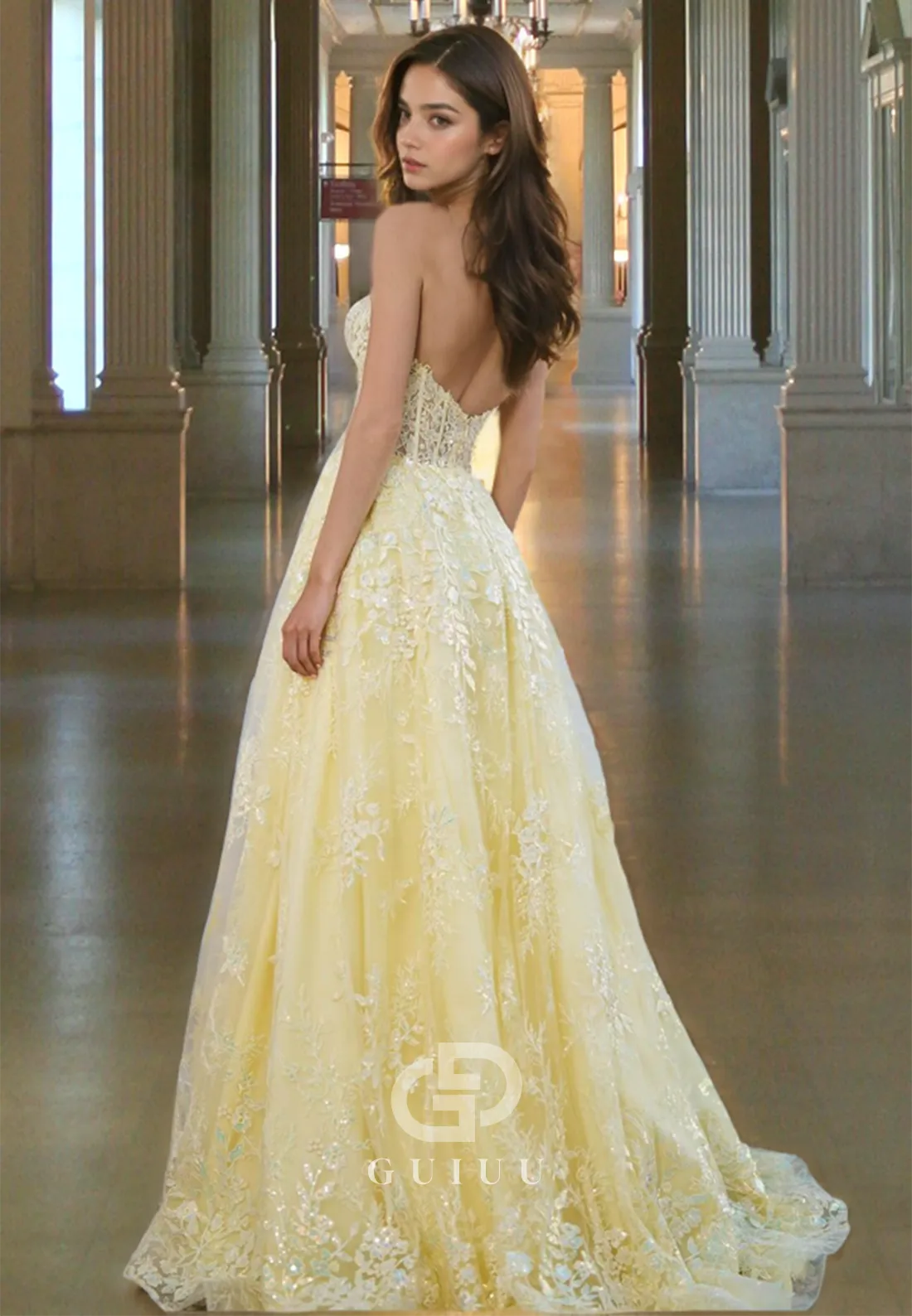 Ornate Sweetheart Crystal Beaded Faint Yellow Prom Dress with High Side Slit and Lace Appliques