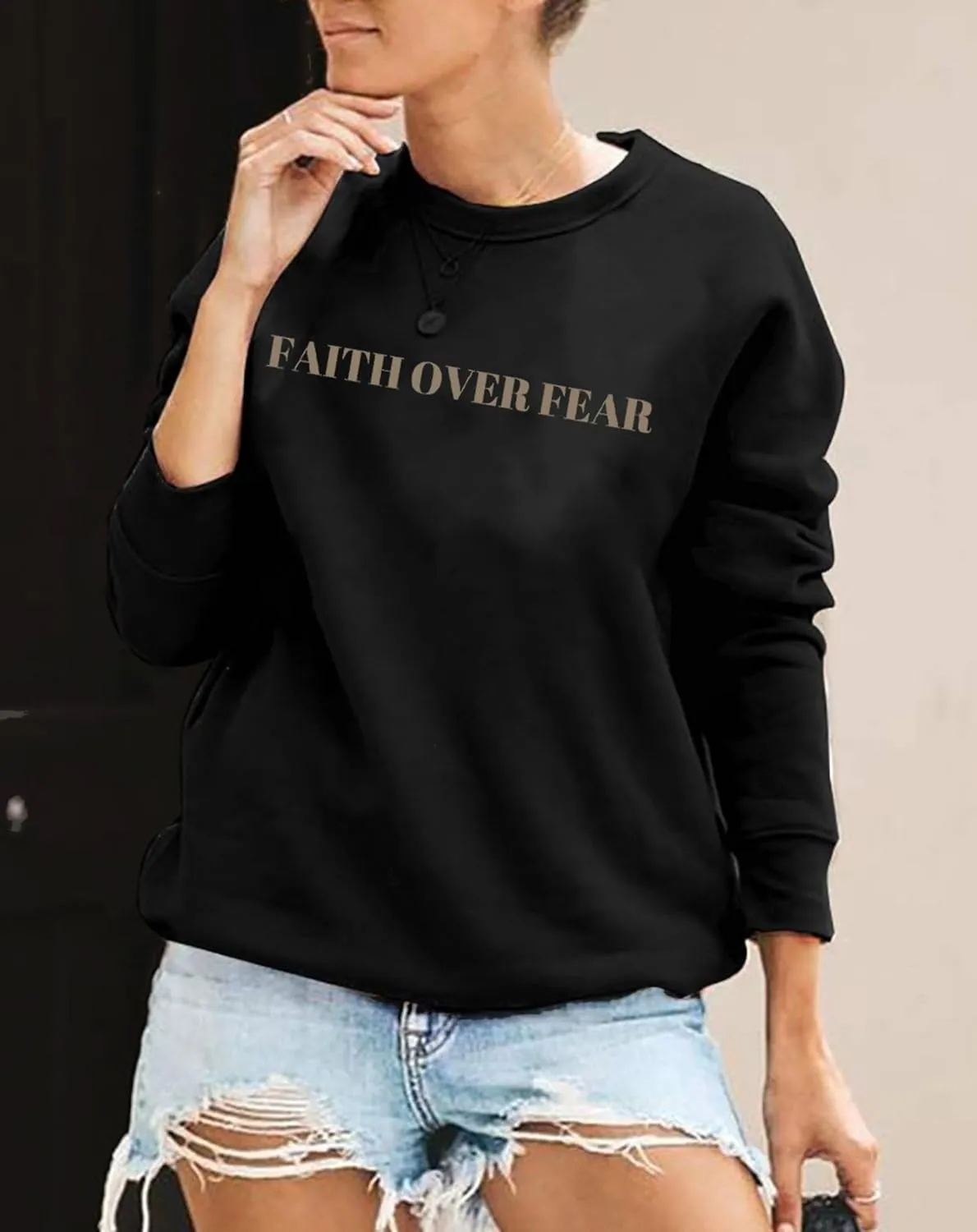 Oversized Christian Sweatshirt Women Faith Over Fear Sweater Christian Religious Sayings Pullover Long Sleeve Shirt