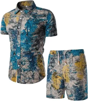 PASOK Men's Floral 2 Piece Tracksuit Casual Button Down Short Sleeve Hawaiian Shirt and Shorts Suit