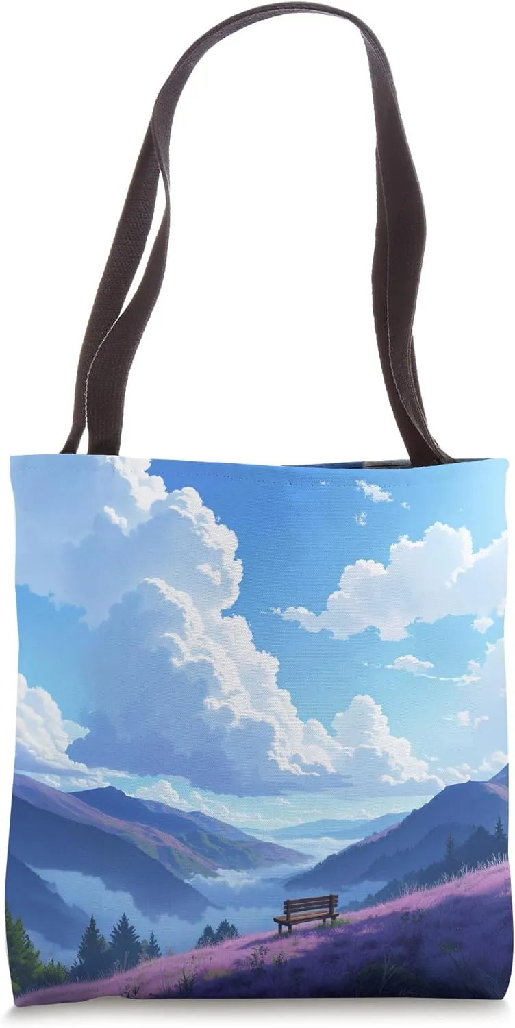 Peaceful Mountain View with Bench and Blue Sky Tote Bag