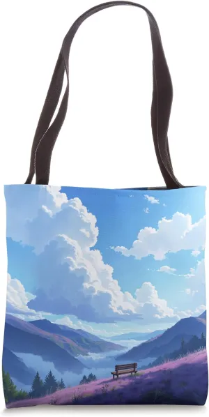 Peaceful Mountain View with Bench and Blue Sky Tote Bag