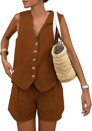 PRETTYGARDEN Women's Summer 2 Piece Outfits Sleeveless Matching Sets Button Down V Neck Vest Waistcoat and Pockets Shorts
