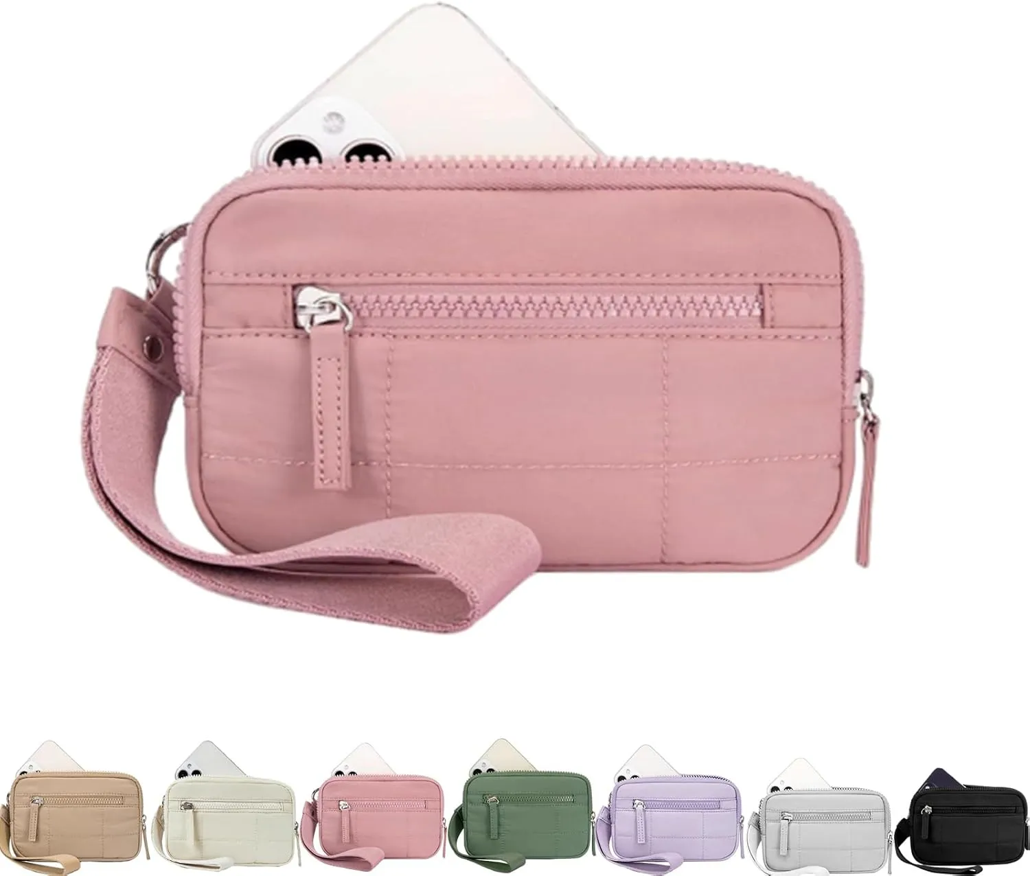 Puffer Wristlet Wallet Fits Phone, Nylon Quilted Purse, Essential Wristlet Wallets, Pouch Wallet with 3 Zipper