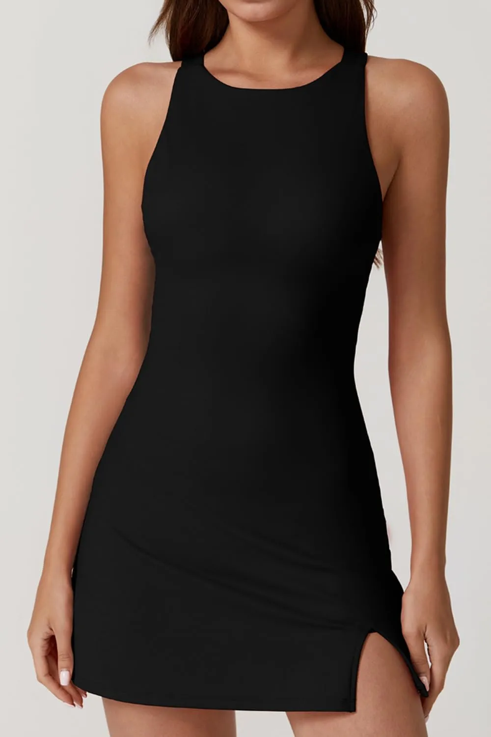 QINSEN Womens Crewneck Criss Cross Open Back Tennis Dress Sleeveless Built in Shorts Golf Athletic Dresses with Pockets
