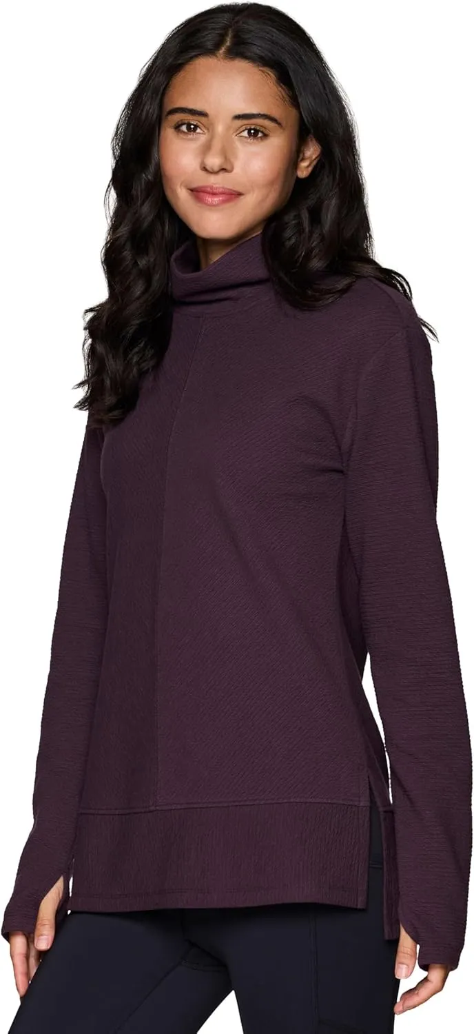 RBX Active Women's Ultra Soft Quilted Cowl Neck Pullover Sweater, Lightweight Mock Neck Tunic Sweatshirt with Thumbholes