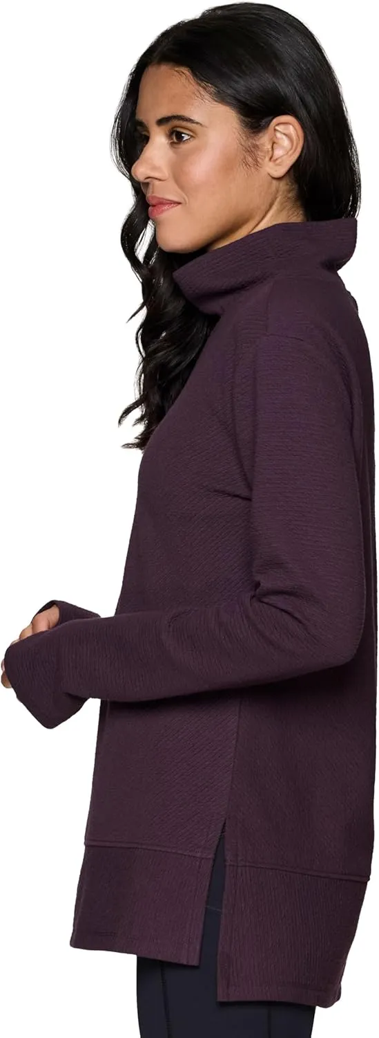RBX Active Women's Ultra Soft Quilted Cowl Neck Pullover Sweater, Lightweight Mock Neck Tunic Sweatshirt with Thumbholes