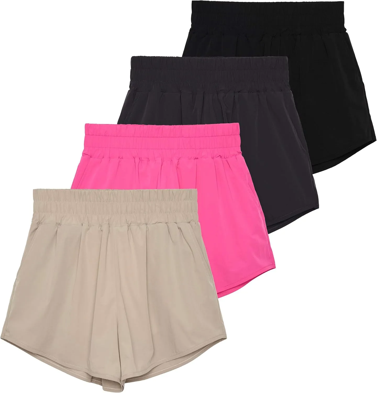Real Essentials 4 Pack Women's 2.5'' High Waisted Running Shorts with Liner - Quick Dry, Dry Fit, Gym Workout