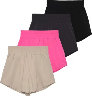 Real Essentials 4 Pack Women's 2.5'' High Waisted Running Shorts with Liner - Quick Dry, Dry Fit, Gym Workout