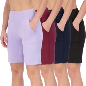 Real Essentials 4 Pack: Women's 9" Bermuda Long High Waisted Shorts with Pockets Casual Workout Athletic (Available in Plus)