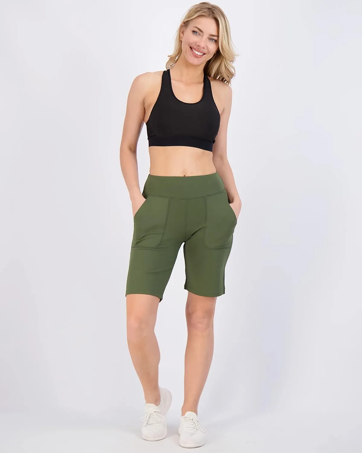 Real Essentials 4 Pack: Women's 9" Bermuda Long High Waisted Shorts with Pockets Casual Workout Athletic (Available in Plus)