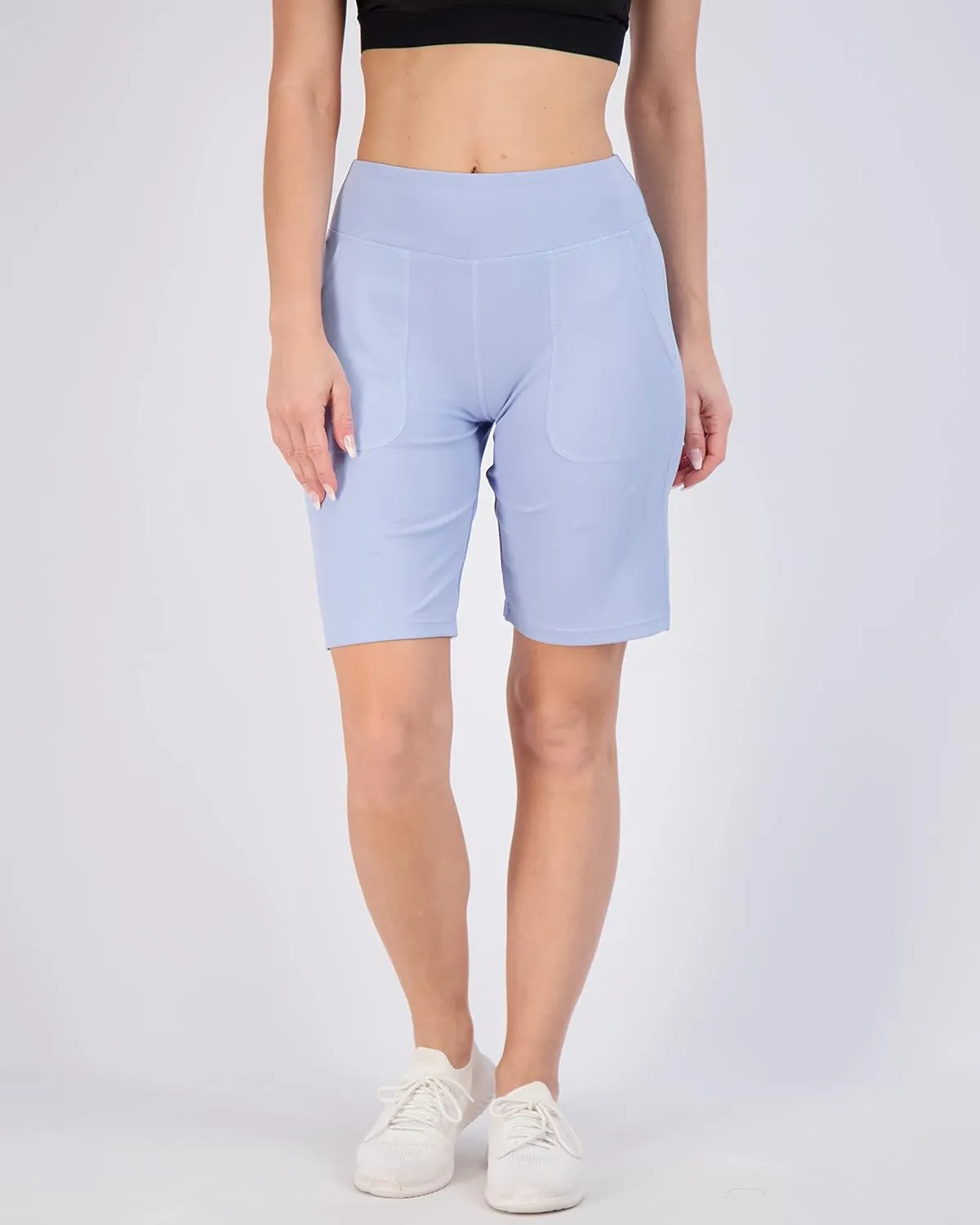 Real Essentials 4 Pack: Women's 9" Bermuda Long High Waisted Shorts with Pockets Casual Workout Athletic (Available in Plus)