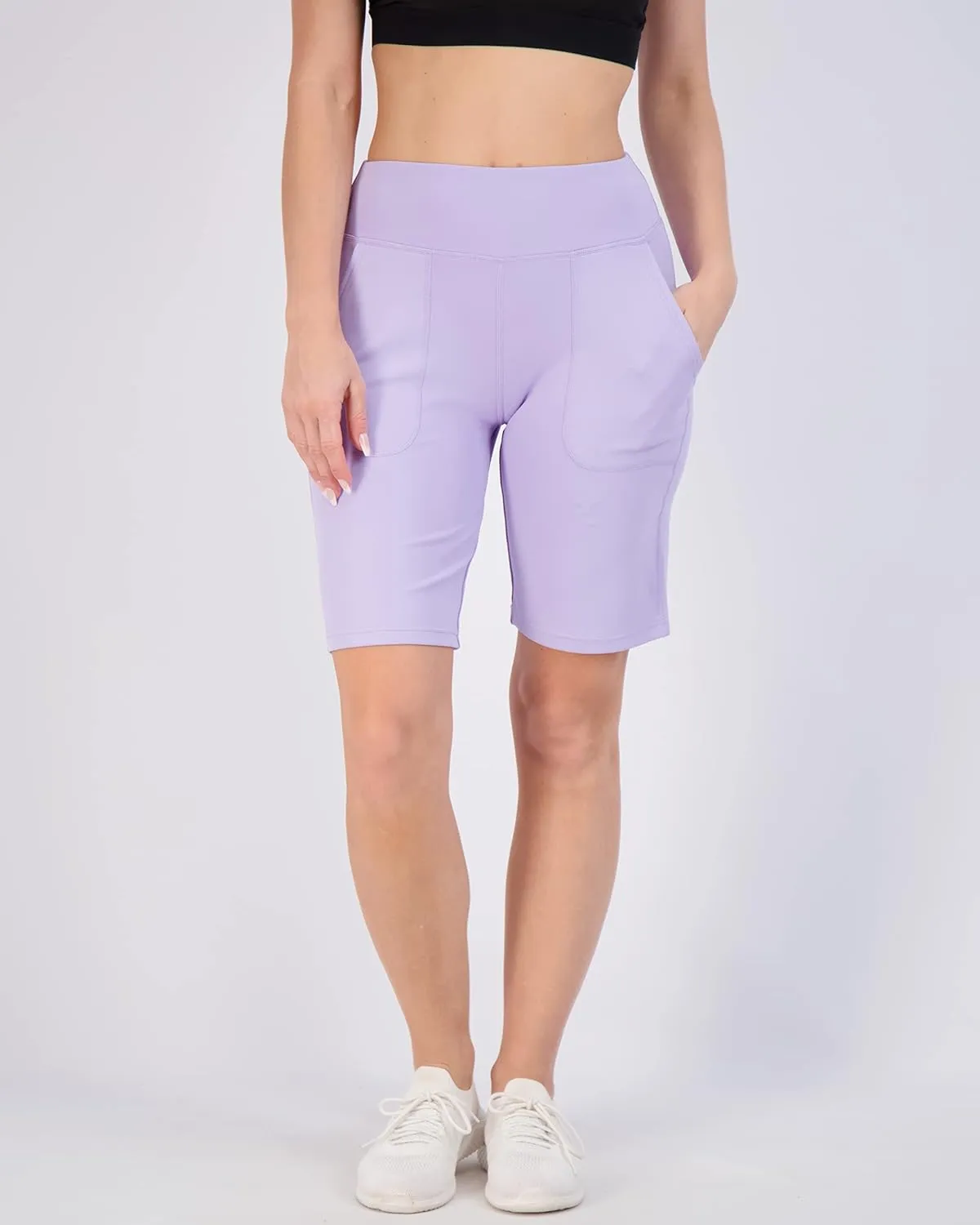 Real Essentials 4 Pack: Women's 9" Bermuda Long High Waisted Shorts with Pockets Casual Workout Athletic (Available in Plus)