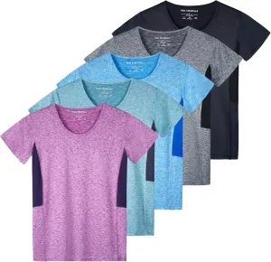 Real Essentials 5 Pack: Women's Dry Fit Tech Stretch Short-Sleeve Crew Neck Athletic T-Shirt (Available in Plus Size)