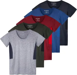 Real Essentials 5 Pack: Women's Dry Fit Tech Stretch Short-Sleeve Crew Neck Athletic T-Shirt (Available in Plus Size)