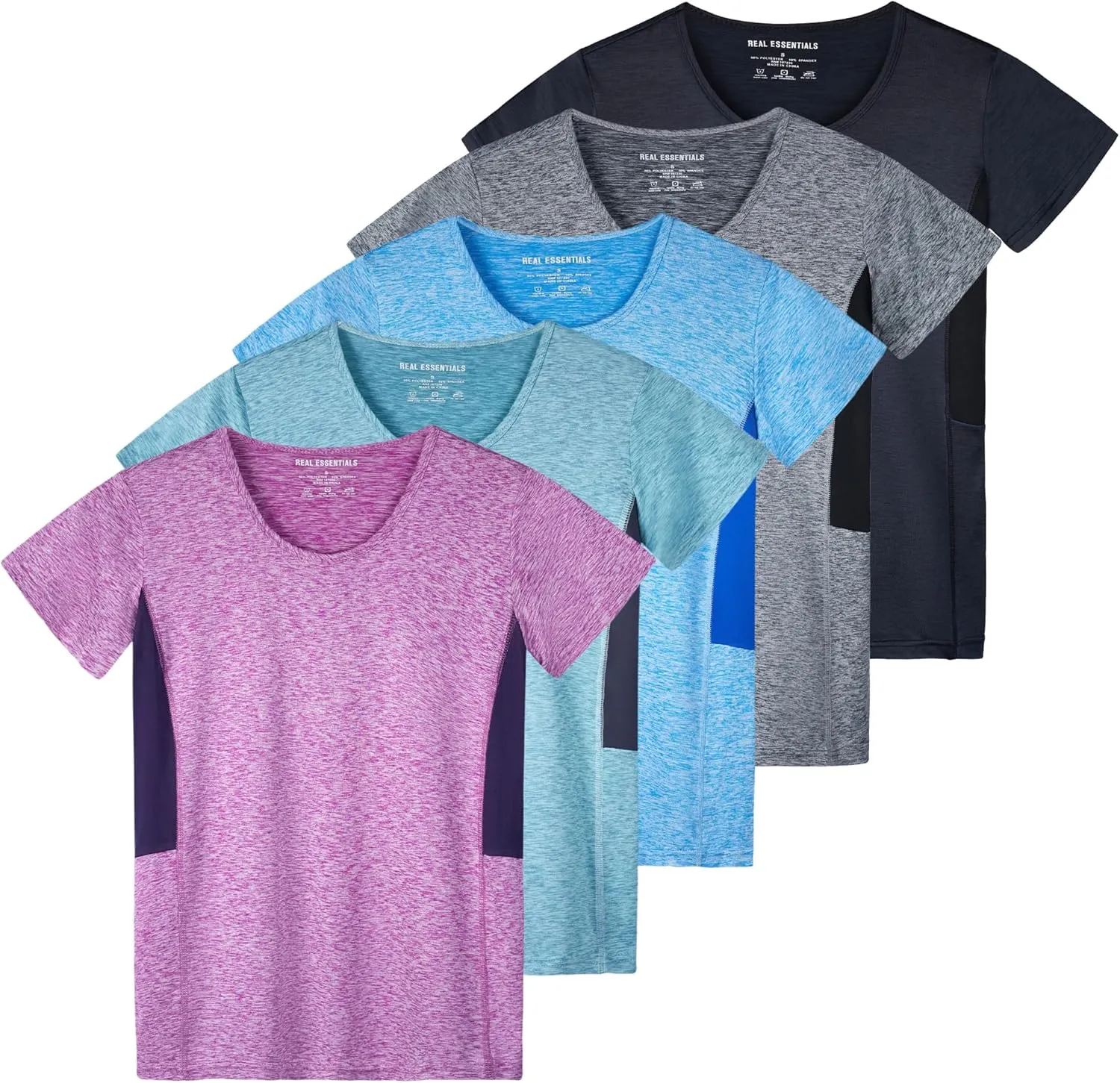 Real Essentials 5 Pack: Women's Dry Fit Tech Stretch Short-Sleeve Crew Neck Athletic T-Shirt (Available in Plus Size)