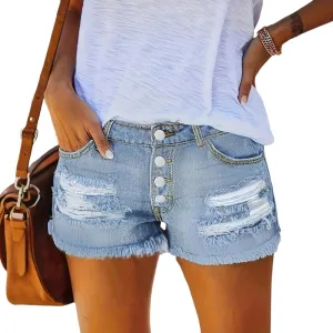 Ripped Jean Shorts Womens Roll Up Stretchy Denim Shorts Summer Low Rise Button Jean Short Casual Blue Jeans