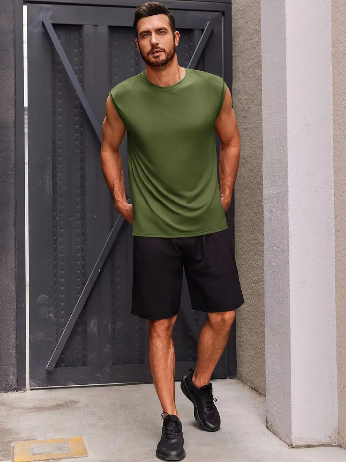 Runcati Men's Sleeveless Tank Tops Crewneck Casual Workout Gym Cut Off Muscle Fit T Shirt