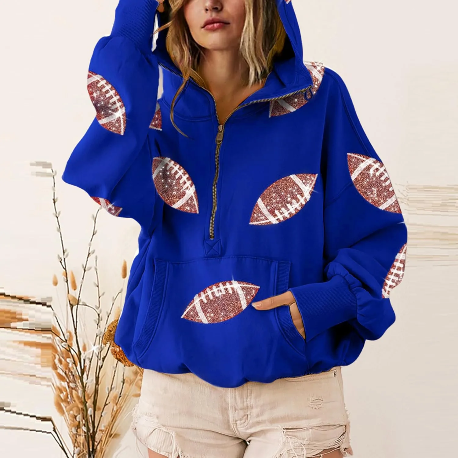 SeekMe Womens Game Day Sweatshirts Football Sequin Hoodies Tailgate Outfits Long Sleeve Zipper Sweaters with Pocket