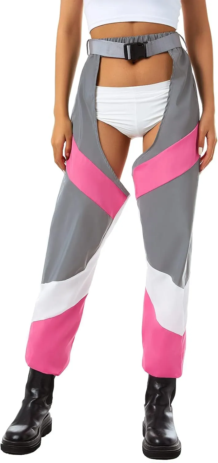 Sexy Buckle Bottomless Pants Women Hollow Out High Waist Rave Chaps Hiphop Rock Crotch Pants Belted Cargo Trousers