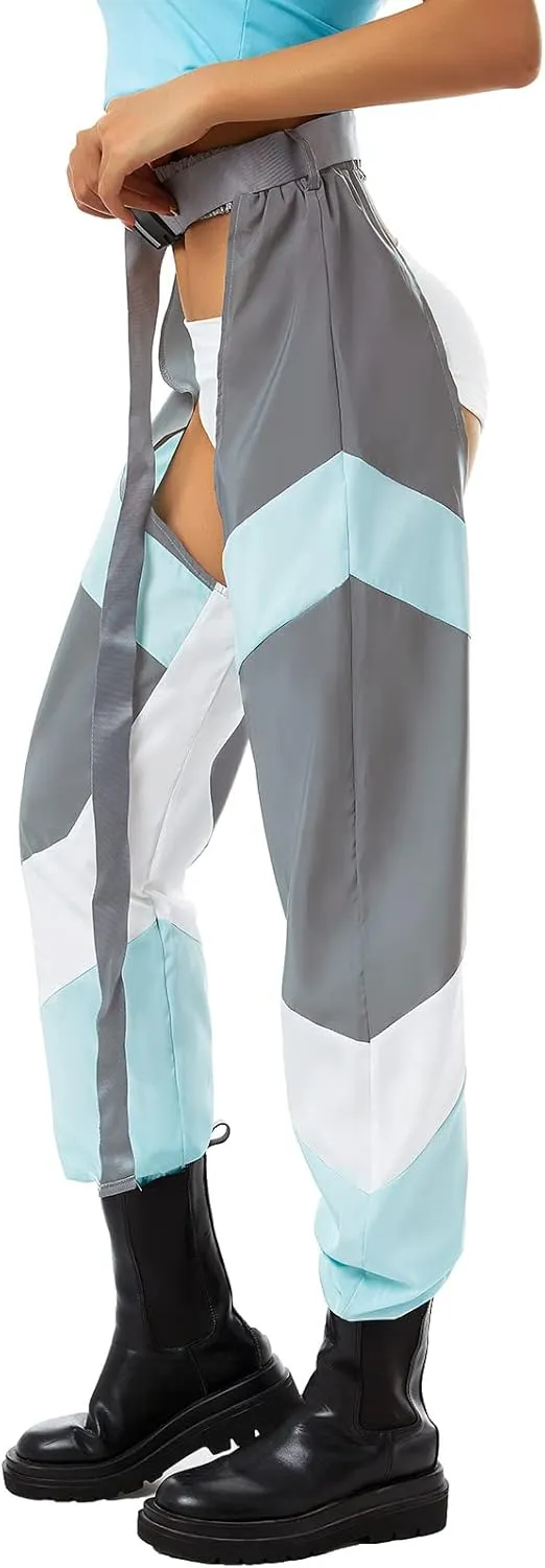 Sexy Buckle Bottomless Pants Women Hollow Out High Waist Rave Chaps Hiphop Rock Crotch Pants Belted Cargo Trousers
