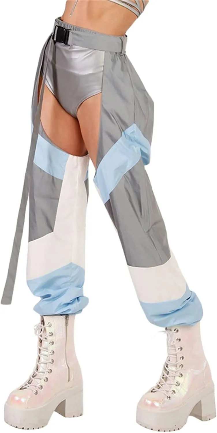 Sexy Buckle Bottomless Pants Women Hollow Out High Waist Rave Chaps Hiphop Rock Crotch Pants Belted Cargo Trousers