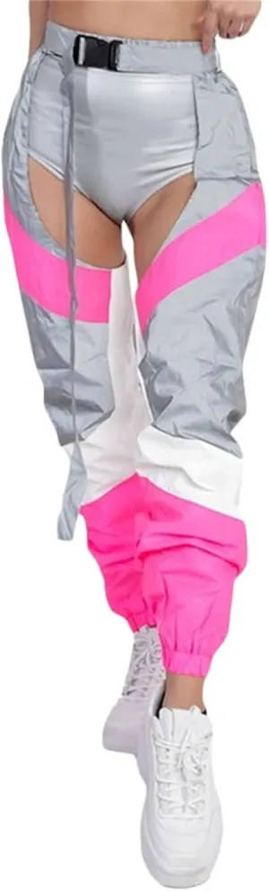 Sexy Buckle Bottomless Pants Women Hollow Out High Waist Rave Chaps Hiphop Rock Crotch Pants Belted Cargo Trousers