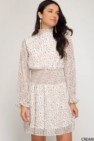 She And Sky Smocked Mock Neck Cream And Black Polka Dot Dress