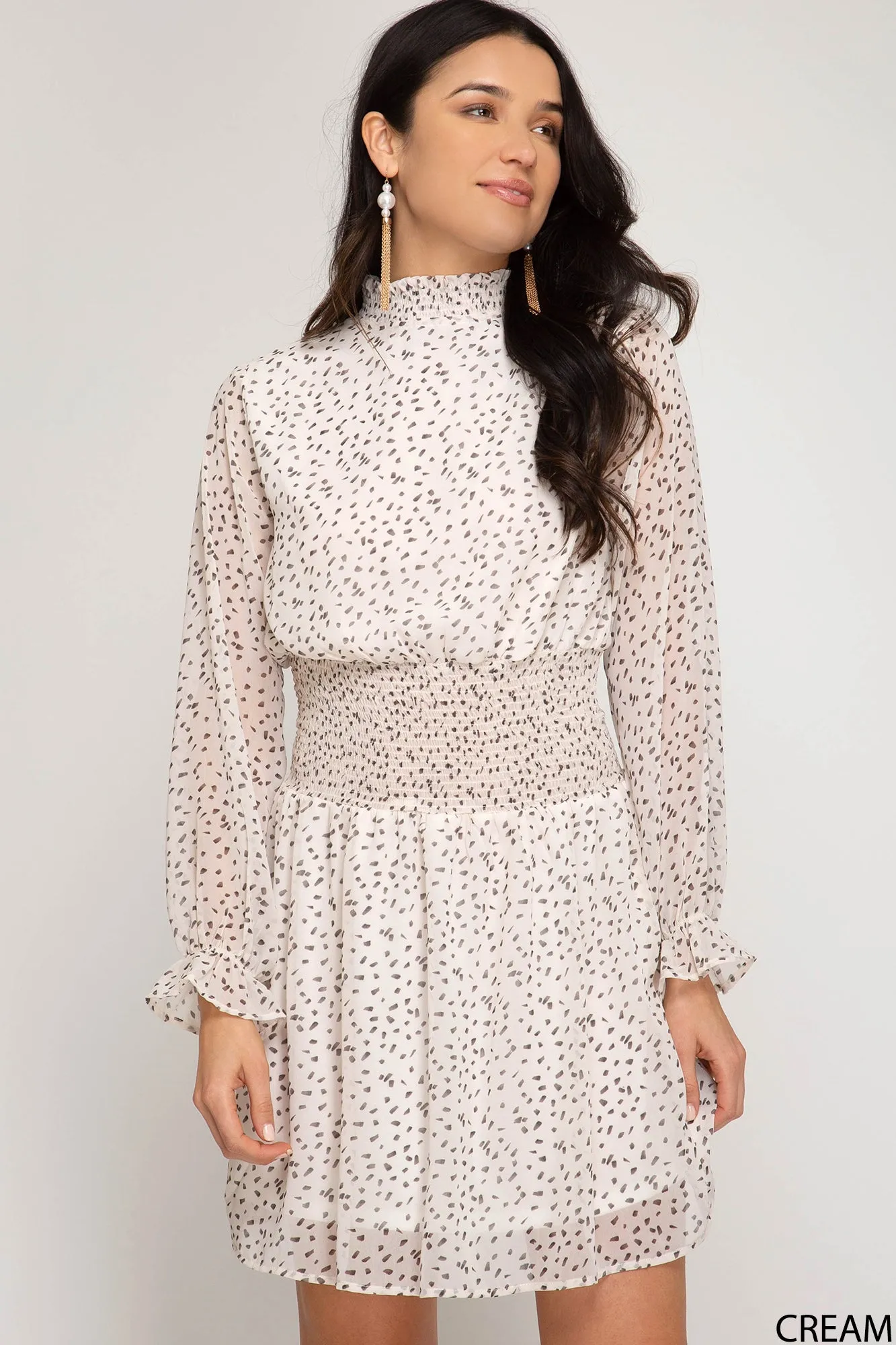 She And Sky Smocked Mock Neck Cream And Black Polka Dot Dress