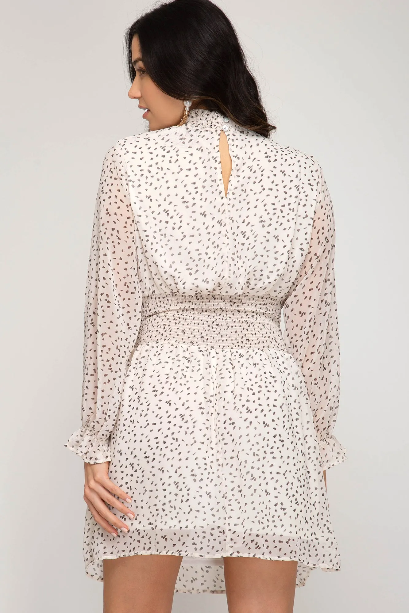She And Sky Smocked Mock Neck Cream And Black Polka Dot Dress