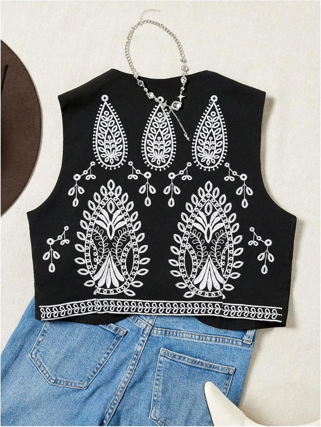 SHENHE Women's Tribal Print Embroidered Vest Sleeveless Open Front Jacket Vest Western Outfit