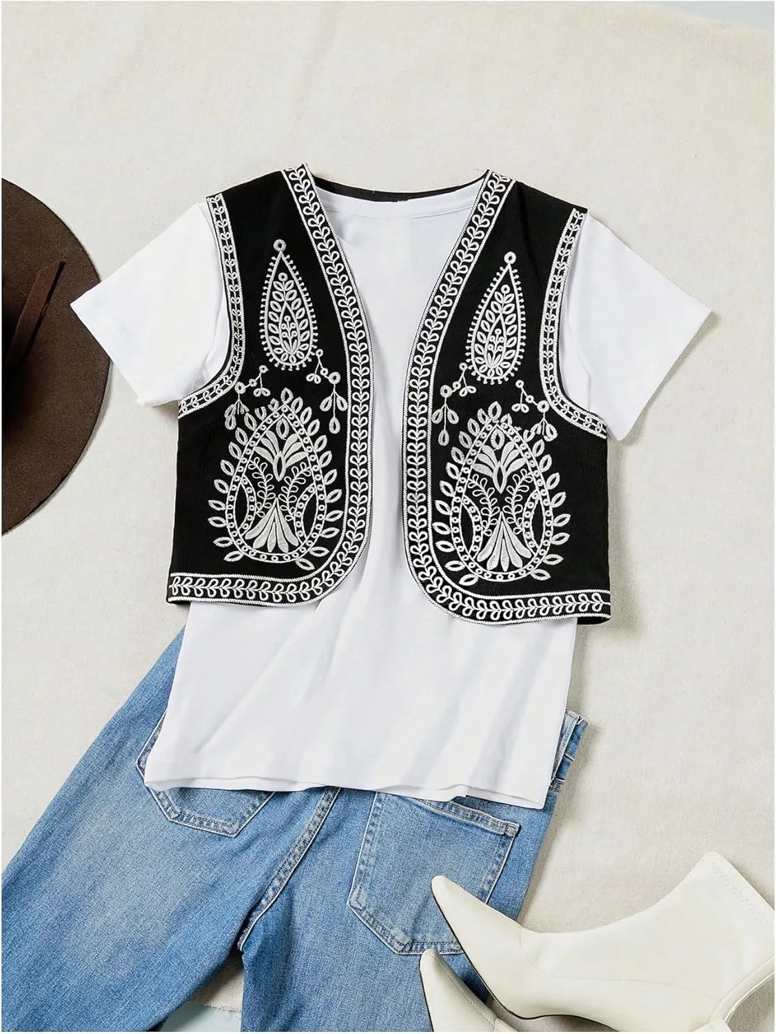 SHENHE Women's Tribal Print Embroidered Vest Sleeveless Open Front Jacket Vest Western Outfit