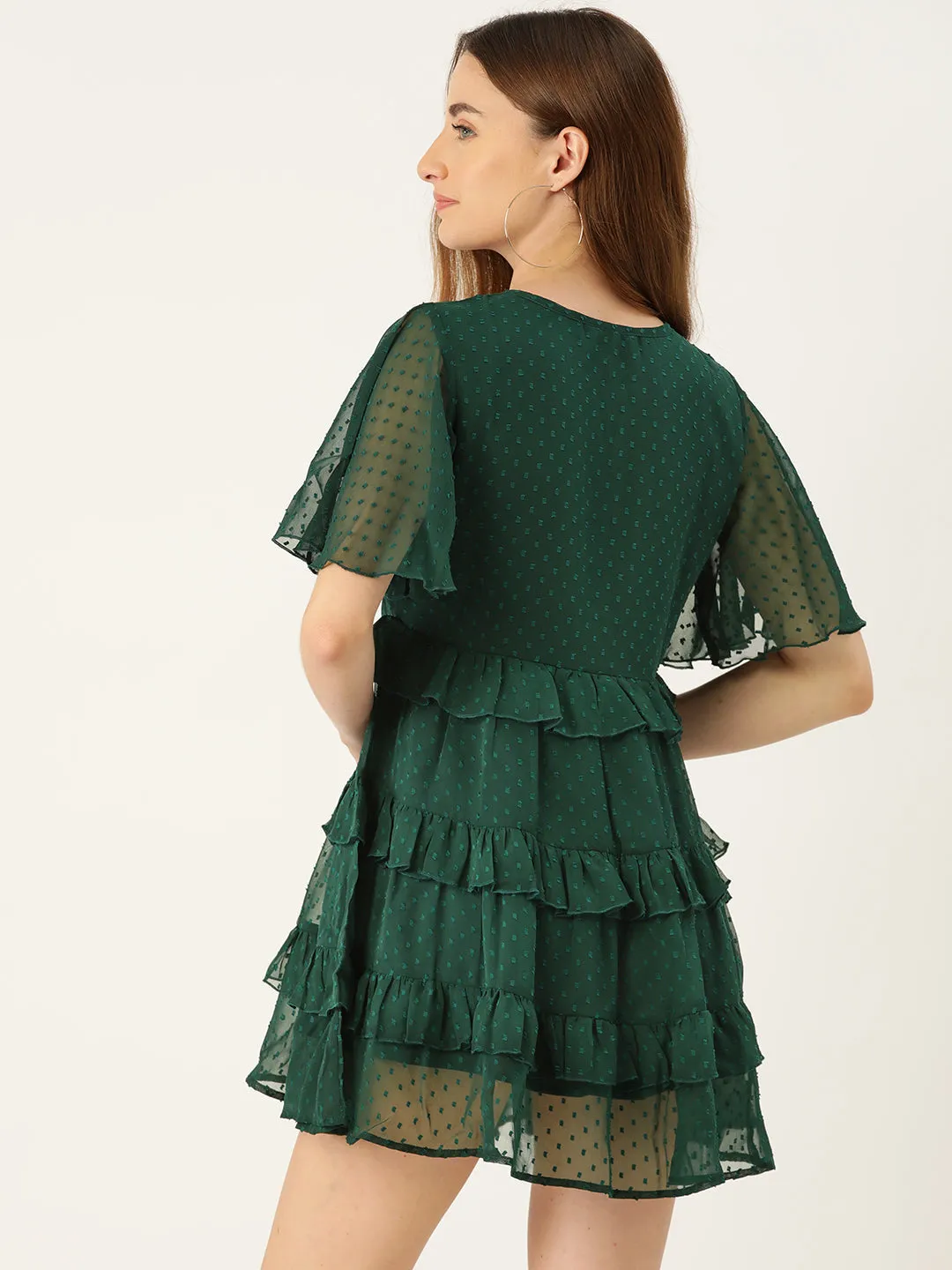 Slenor Keyhole Neck Flared Sleeve Ruffled Georgette A-Line Dress