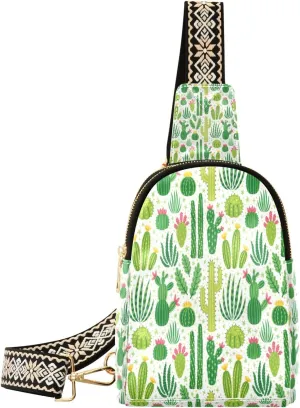 Small Sling Bag Waist Packs Leather Crossbody Packs Chest Bag Cactus Green Cacti for Women Travel Belt Purse