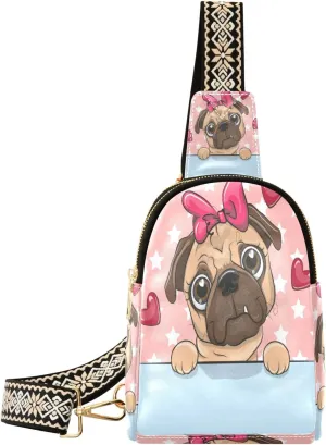 Small Sling Bag Waist Packs Leather Crossbody Packs Chest Bag Cartoon Pug Dog Girl for Women Travel Belt Purse