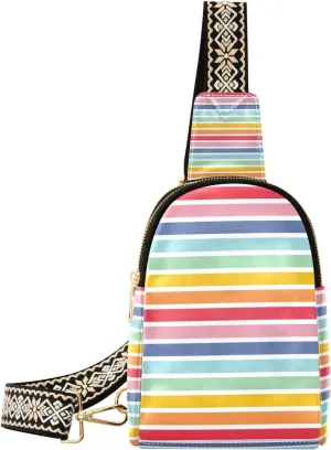 Small Sling Bag Waist Packs Leather Crossbody Packs Chest Bag Colorful Strip for Women Travel Belt Purse