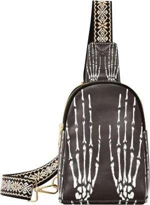 Small Sling Bag Waist Packs Leather Crossbody Packs Chest Bag Funny Skull Skeleton Hand Black for Women Travel Belt Purse