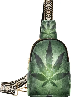Small Sling Bag Waist Packs Leather Crossbody Packs Chest Bag Green Leaves for Women Travel Belt Purse