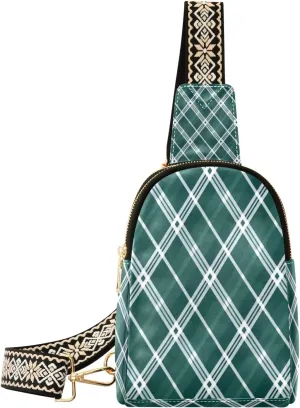 Small Sling Bag Waist Packs Leather Crossbody Packs Chest Bag Green White Grid for Women Travel Belt Purse