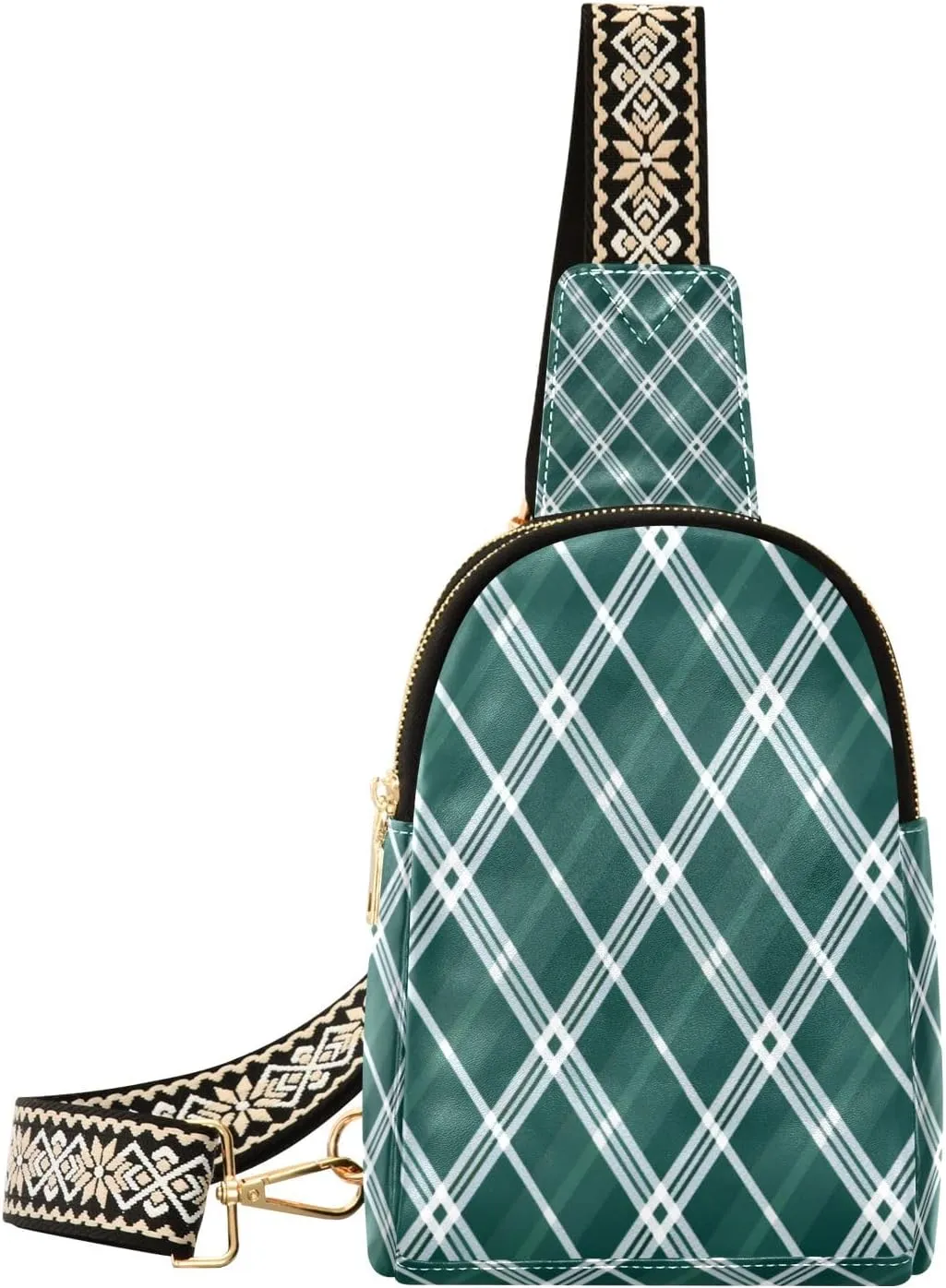 Small Sling Bag Waist Packs Leather Crossbody Packs Chest Bag Green White Grid for Women Travel Belt Purse