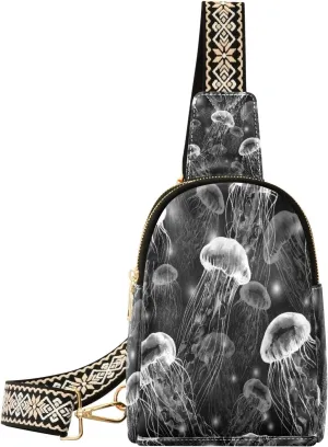 Small Sling Bag Waist Packs Leather Crossbody Packs Chest Bag Magical Jellyfish under Water for Women Travel Belt Purse