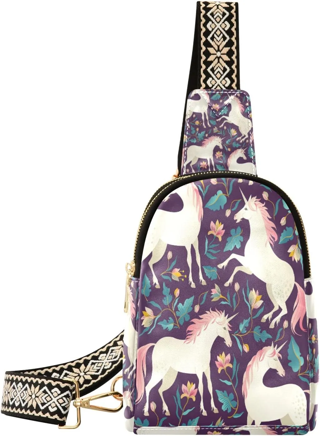 Small Sling Bag Waist Packs Leather Crossbody Packs Chest Bag Pink Hair Unicorn for Women Travel Belt Purse