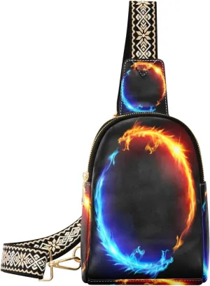 Small Sling Bag Waist Packs Leather Crossbody Packs Chest Bag Ring Of Blue and Red Fiery Dragons for Women Travel Belt Purse