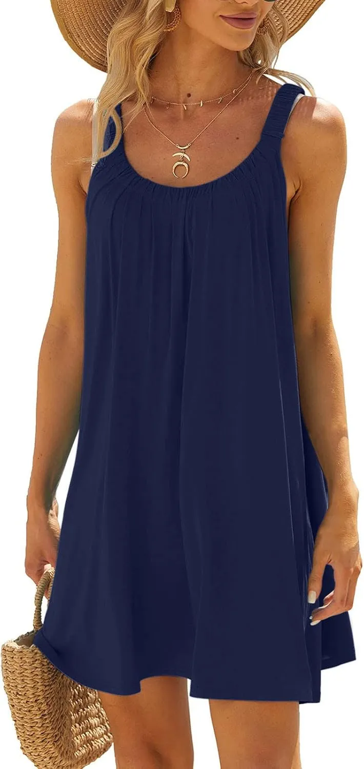SMIDOW Sun Dresses for Women 2023 Beach Casual Summer Sleeveless Tshirt Dress Solid Swing Bikini Beachwear Cover Up